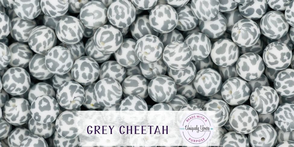 Grey Cheetah 15MM Round Silicone Beads