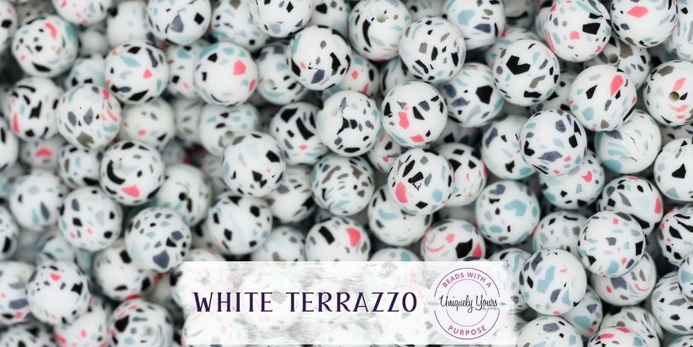 White Terrazzo 15MM Round Silicone Beads