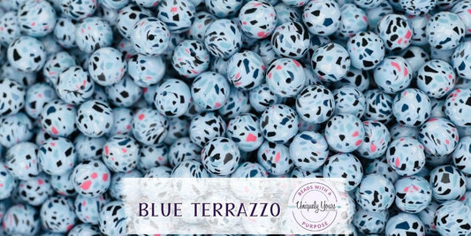 Blue Terrazzo 15MM Round Silicone Beads