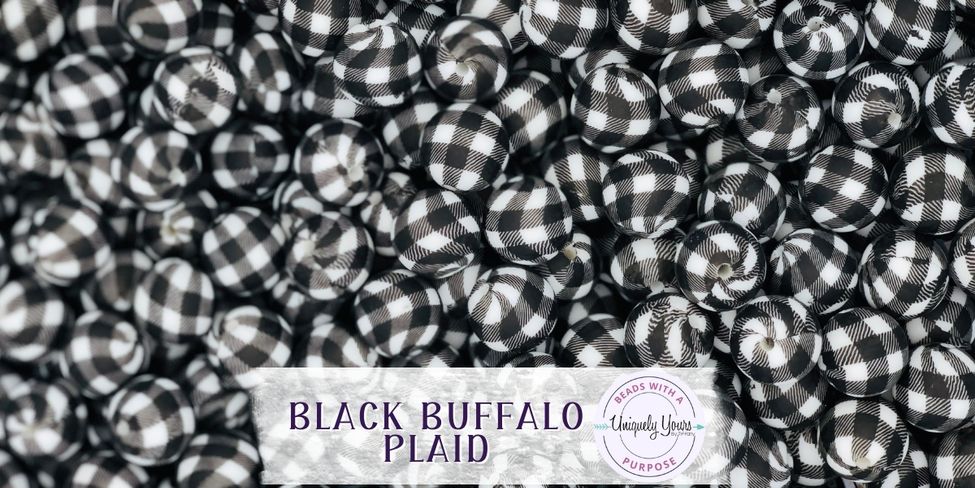 Black Buffalo Plaid 15MM Round Silicone Beads