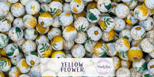 Yellow Flower 15MM Round Silicone Beads