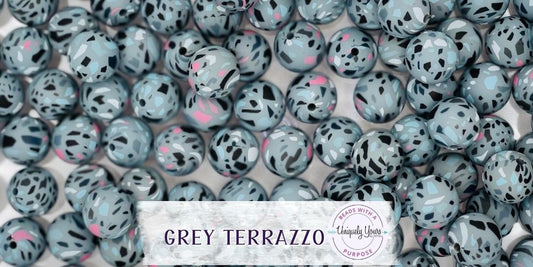 Grey Terrazzo 15MM Round Silicone Beads