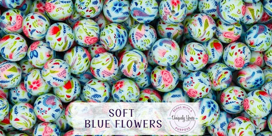 Soft Blue Flowers 15MM Round Silicone Beads